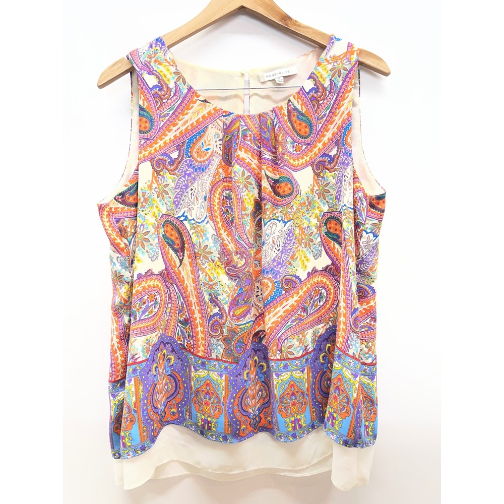 Rose + Olive Womens XL Paisley Print Sleeveless Layered Blouse Orange Purple